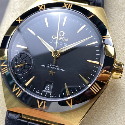 CONSTELLATION 39 MM WATCH YELLOW GOLD CASE WITH BLACK LEATHER STRAP