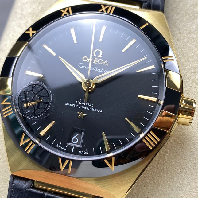 CONSTELLATION 39 MM WATCH YELLOW GOLD CASE WITH BLACK LEATHER STRAP