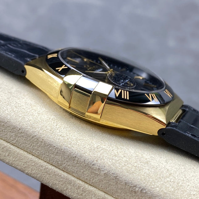 CONSTELLATION 39 MM WATCH YELLOW GOLD CASE WITH BLACK LEATHER STRAP