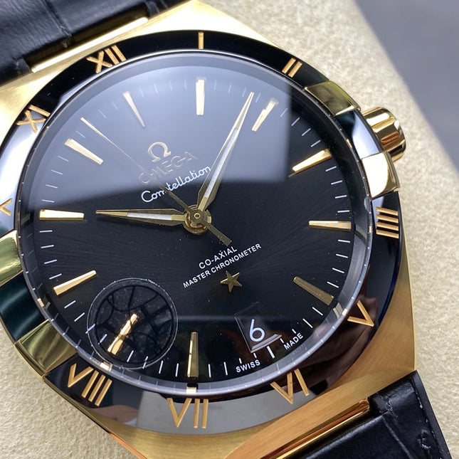 CONSTELLATION 39 MM WATCH YELLOW GOLD CASE WITH BLACK LEATHER STRAP