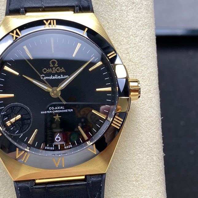 CONSTELLATION 39 MM WATCH YELLOW GOLD CASE WITH BLACK LEATHER STRAP