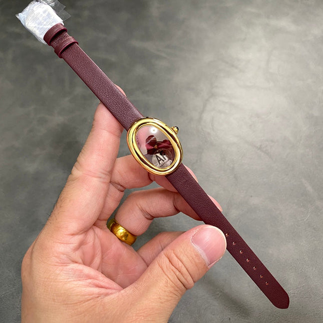 BAIGNOIRE MINI MODEL WATCH GOLD CASE WITH WINE RED LEATHER STRAP