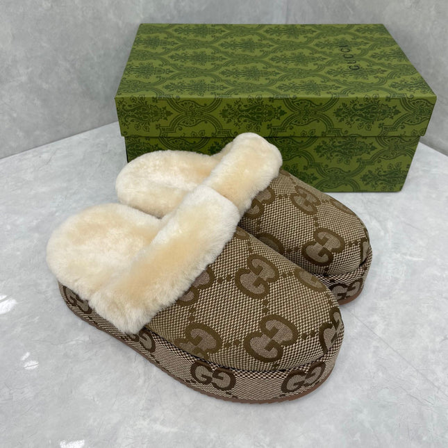 GG MULE IN PEANUT BROWN MONOGRAM JACQUARD FABRIC AND RABBIT FUR LINING