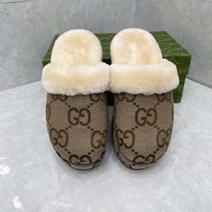 GG MULE IN PEANUT BROWN MONOGRAM JACQUARD FABRIC AND RABBIT FUR LINING