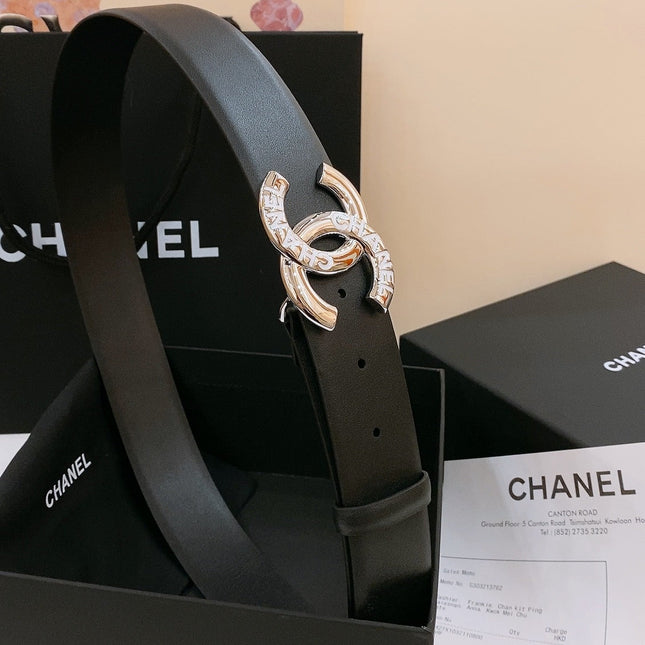 DOUBLE C BELT 40MM IN BLACK CALFSKIN SILVER BUCKLE EMBOSSED WHITE LOGO
