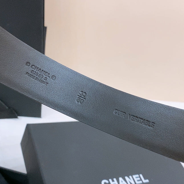 DOUBLE C BELT 30MM IN BLACK CALFSKIN SILVER BUCKLE EMBOSSED WHITE LOGO