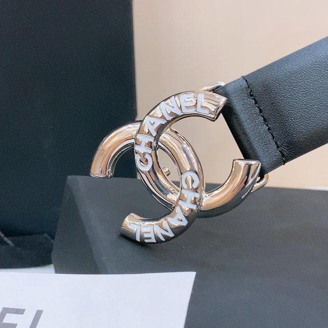 DOUBLE C BELT 30MM IN BLACK CALFSKIN SILVER BUCKLE EMBOSSED WHITE LOGO
