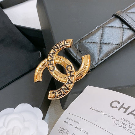 DOUBLE C BELT 40MM IN BLACK QUILTED LAMBSKIN GOLD BUCKLE EMBOSSED LOGO