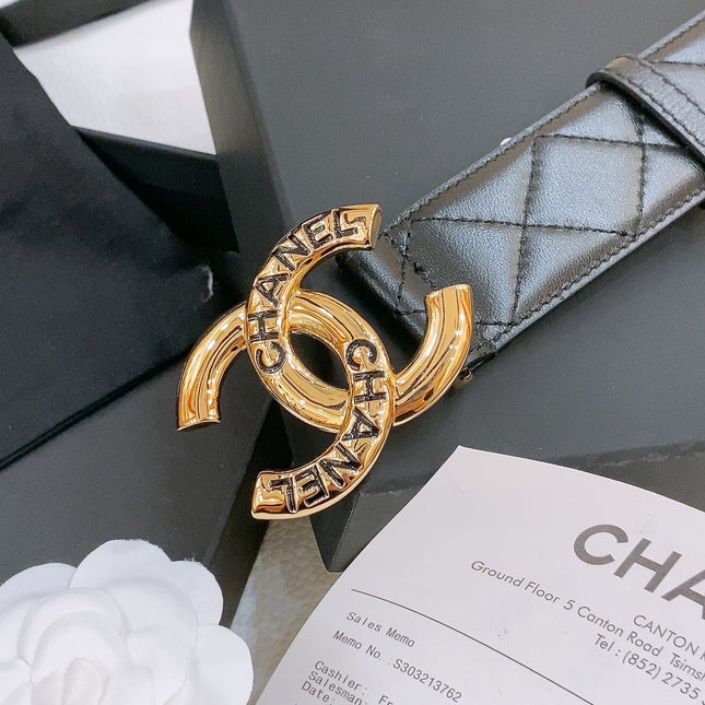 DOUBLE C BELT 40MM IN BLACK QUILTED LAMBSKIN GOLD BUCKLE EMBOSSED LOGO