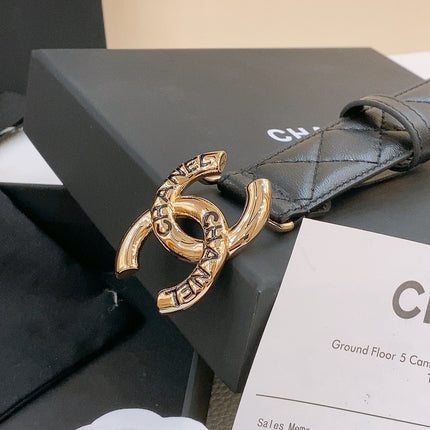 DOUBLE C BELT 30MM IN BLACK QUILTED LAMBSKIN WITH GOLD RESIN BUCKLE ENGRAVED LOGO