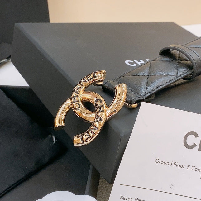 DOUBLE C BELT 30MM IN BLACK QUILTED LAMBSKIN WITH GOLD RESIN BUCKLE ENGRAVED LOGO