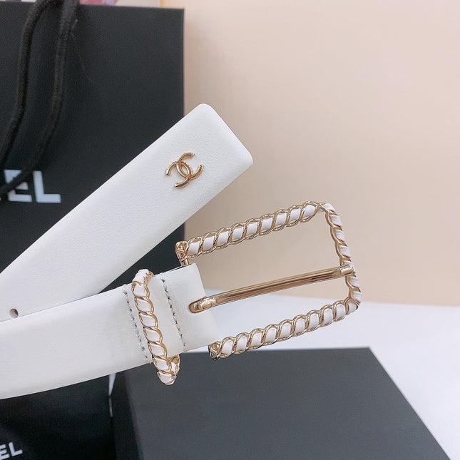BELT 30MM IN BLACK AND WHITE CALFSKIN WITH INTERWOVEN GOLD CHAIN BUCKLE