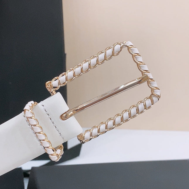 BELT 30MM IN BLACK AND WHITE CALFSKIN WITH INTERWOVEN GOLD CHAIN BUCKLE