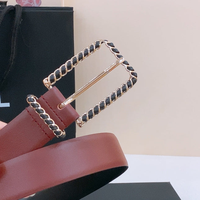 BELT 30MM IN BLACK AND RED CALFSKIN WITH INTERWOVEN GOLD CHAIN BUCKLE