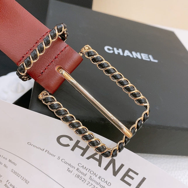 BELT 30MM IN BLACK AND RED CALFSKIN WITH INTERWOVEN GOLD CHAIN BUCKLE