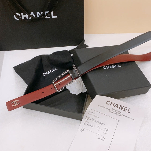 BELT 30MM IN BLACK AND RED CALFSKIN WITH INTERWOVEN SILVER CHAIN BUCKLE