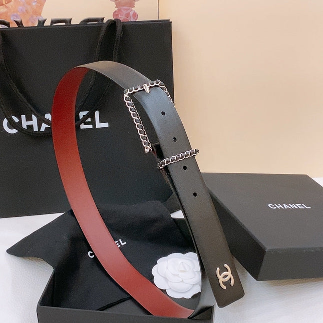 BELT 30MM IN BLACK AND RED CALFSKIN WITH INTERWOVEN SILVER CHAIN BUCKLE