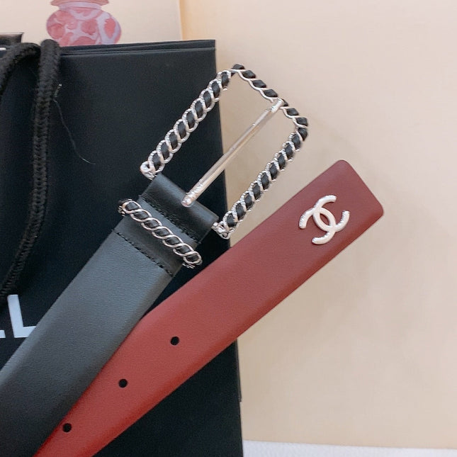 BELT 30MM IN BLACK AND RED CALFSKIN WITH INTERWOVEN SILVER CHAIN BUCKLE