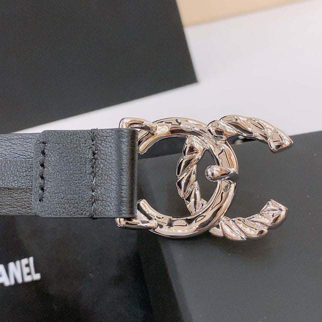 DOUBLE C BELT 20MM IN BLACK CALFSKIN WITH SILVER CHAIN INTERWOVEN BUCKLE
