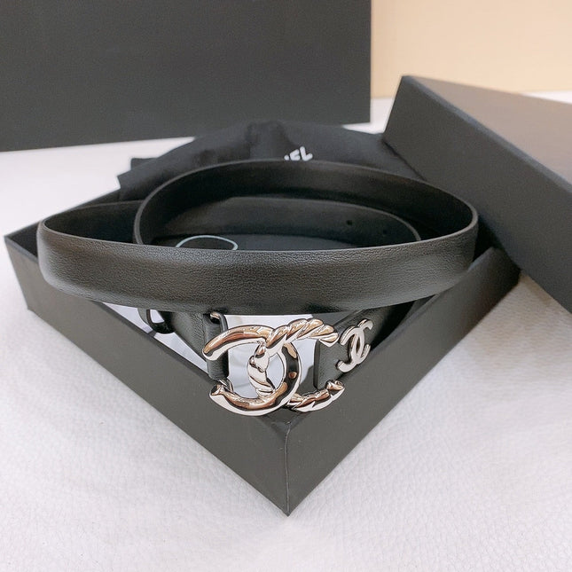 DOUBLE C BELT 20MM IN BLACK CALFSKIN WITH SILVER CHAIN INTERWOVEN BUCKLE