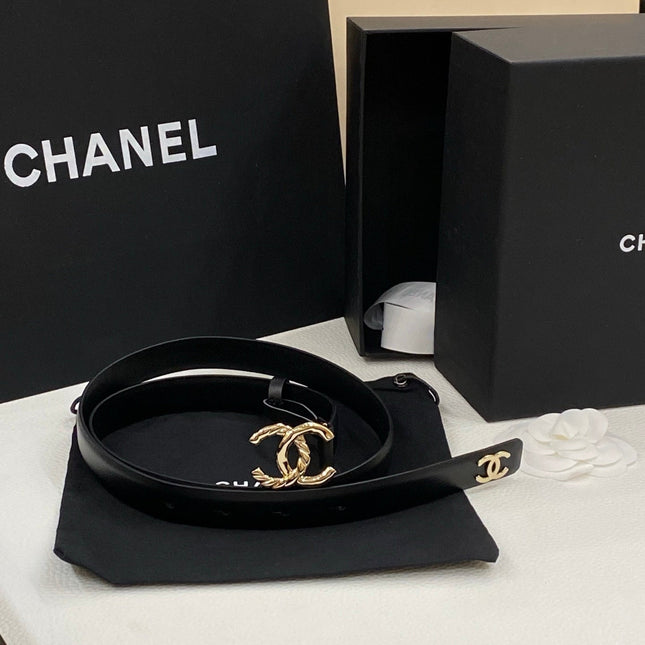 DOUBLE C BELT 20MM IN BLACK CALFSKIN WITH GOLD-TONE CHAIN INTERWOVEN BUCKLE