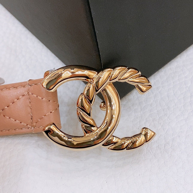DOUBLE C BELT 20MM IN SAVANNA BROWN CALFSKIN WITH QUILTED STITCHING SPIRAL GOLD BUCKLE