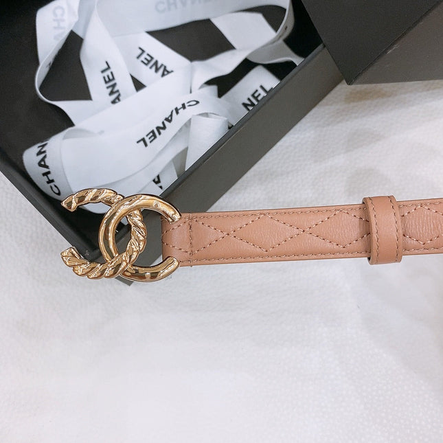 DOUBLE C BELT 20MM IN SAVANNA BROWN CALFSKIN WITH QUILTED STITCHING SPIRAL GOLD BUCKLE