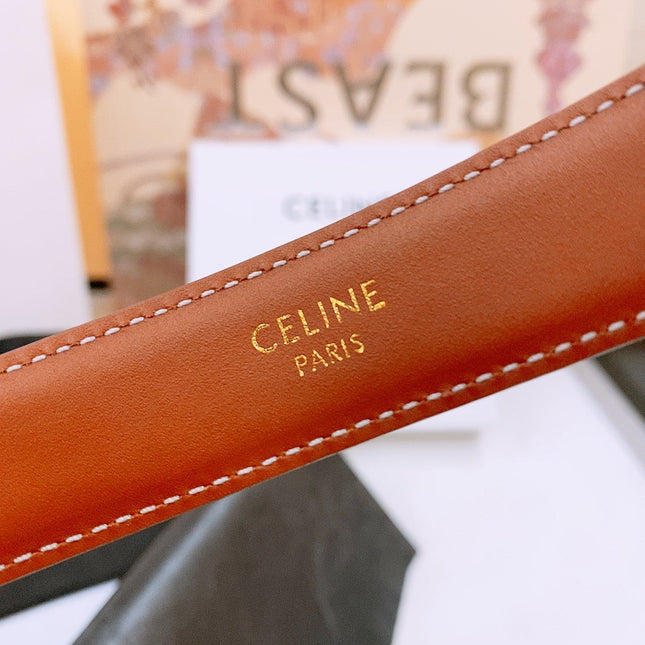 CELINE 25S TRIOMPHE BELT 25MM IN DARK CARAMEL CALFSKIN DEBOSSED LOGO 570964