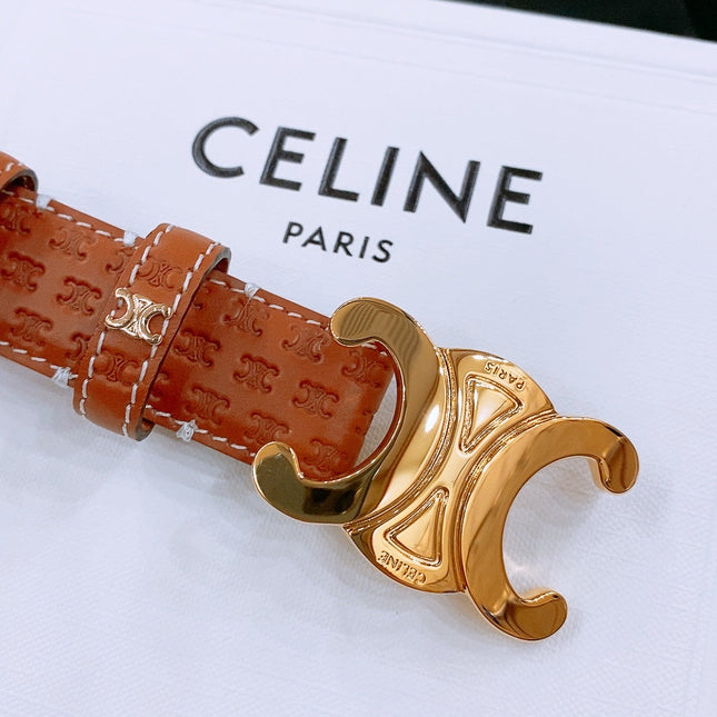 CELINE 25S TRIOMPHE BELT 25MM IN DARK CARAMEL CALFSKIN DEBOSSED LOGO 570964