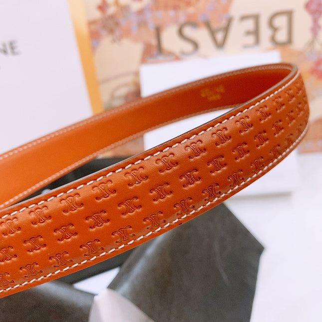 CELINE 25S TRIOMPHE BELT 25MM IN DARK CARAMEL CALFSKIN DEBOSSED LOGO 570964