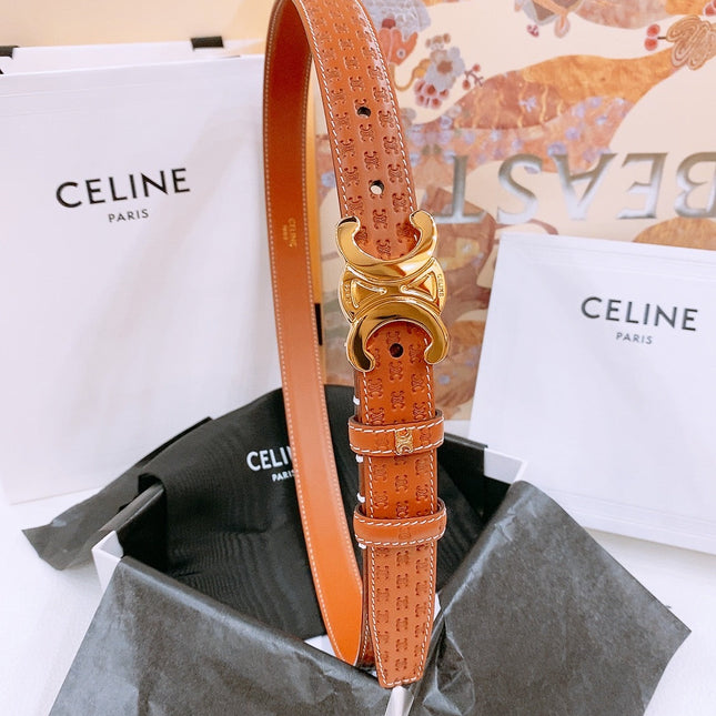 CELINE 25S TRIOMPHE BELT 25MM IN DARK CARAMEL CALFSKIN DEBOSSED LOGO 570964