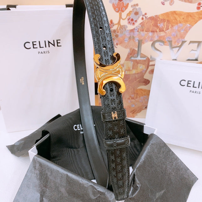 CELINE 25S TRIOMPHE BELT 25MM IN BLACK CALFSKIN DEBOSSED LOGO 570965