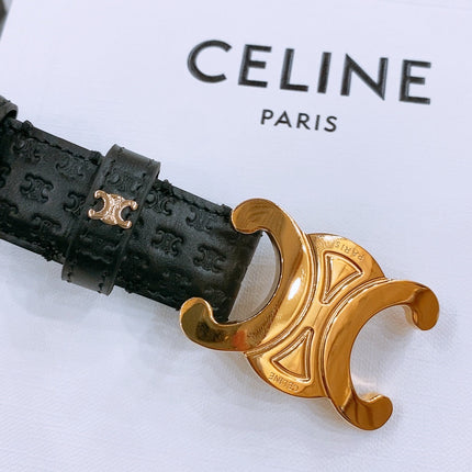 CELINE 25S TRIOMPHE BELT 25MM IN BLACK CALFSKIN DEBOSSED LOGO 570965