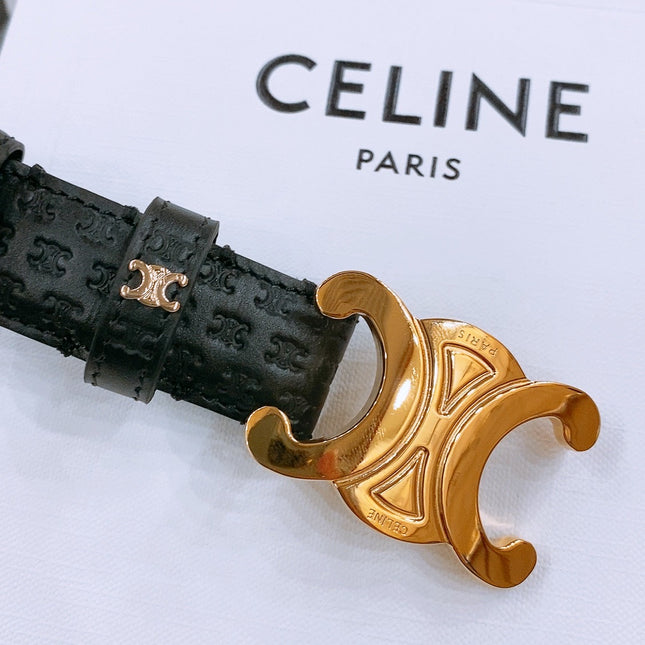 CELINE 25S TRIOMPHE BELT 25MM IN BLACK CALFSKIN DEBOSSED LOGO 570965