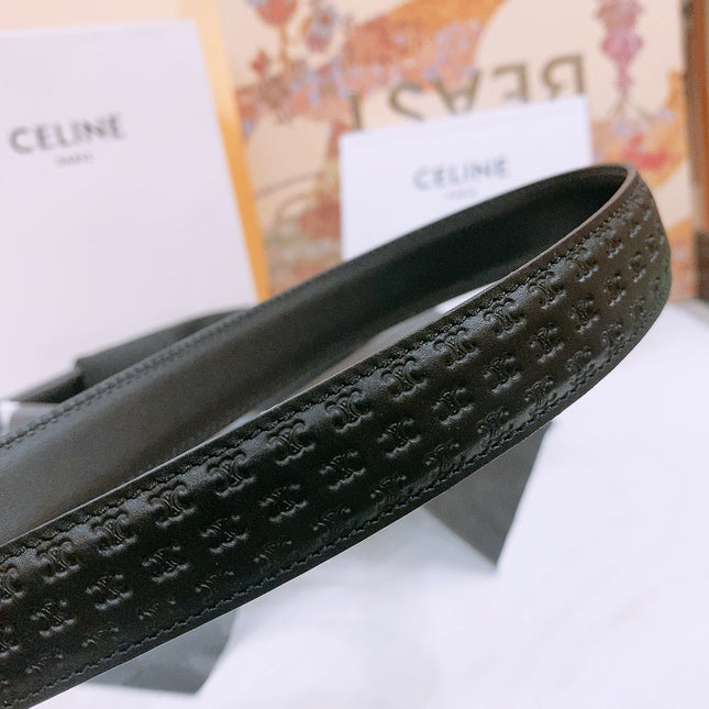 CELINE 25S TRIOMPHE BELT 25MM IN BLACK CALFSKIN DEBOSSED LOGO 570965