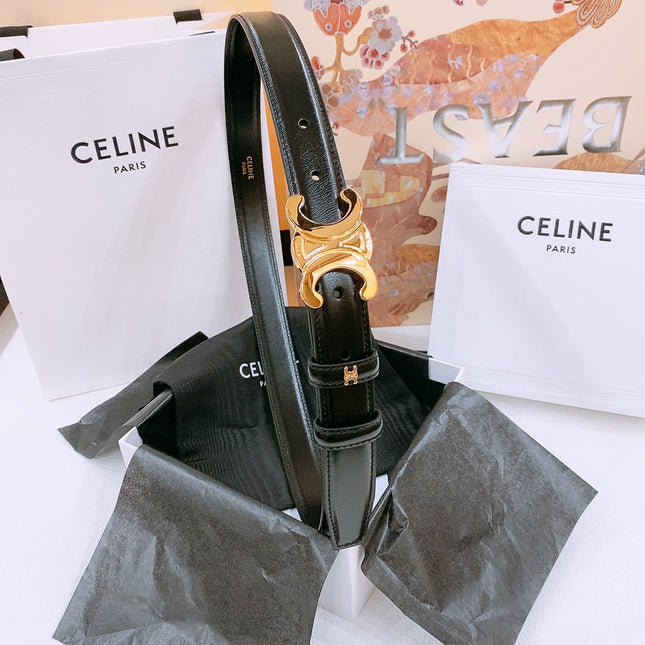 CELINE 25S TRIOMPHE BELT 25MM IN BLACK GLOSSY CALFSKIN GOLD HARDWARE 570968
