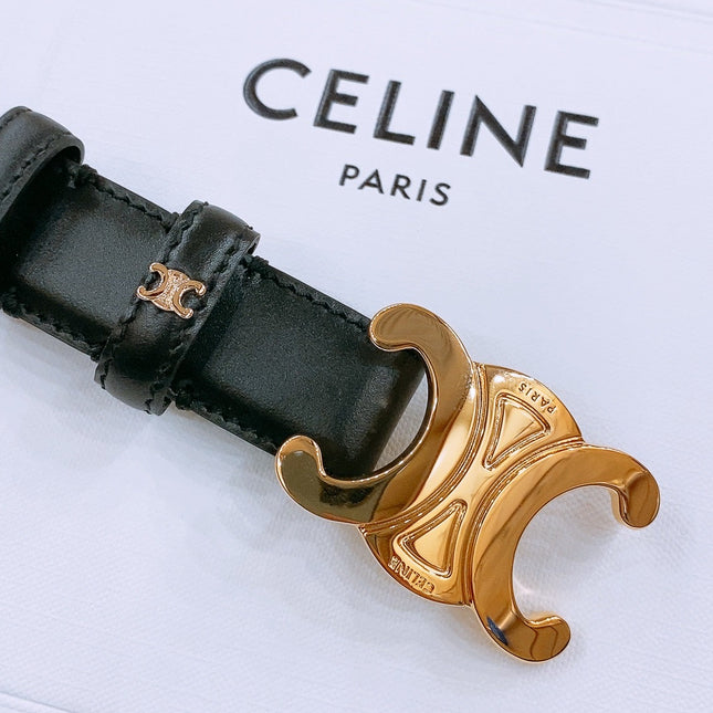 CELINE 25S TRIOMPHE BELT 25MM IN BLACK CALFSKIN GOLD HARDWARE 570969