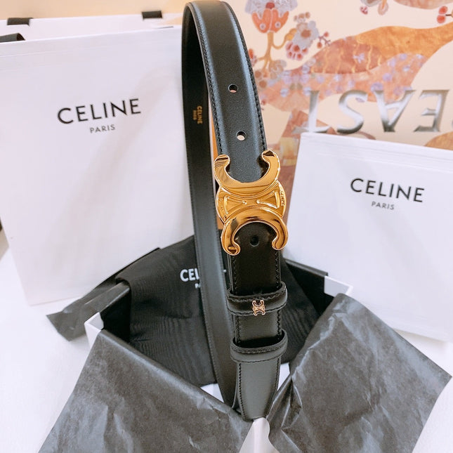 CELINE 25S TRIOMPHE BELT 25MM IN BLACK CALFSKIN GOLD HARDWARE 570969