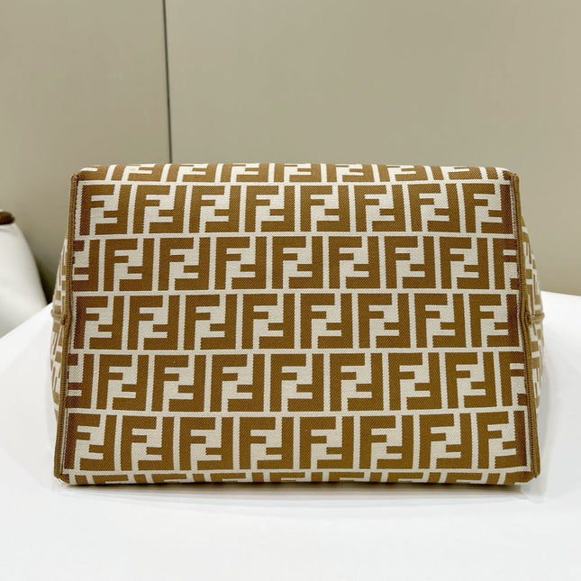 FENDI ROLL 33 TOTE BAG IN PEANUT BROWN MIX WHITE CANVAS