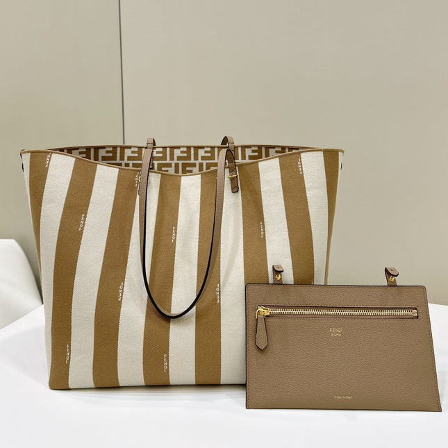 FENDI ROLL 33 TOTE BAG IN PEANUT BROWN MIX WHITE CANVAS