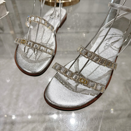 FLAT SANDALS 25S IN SILVER CALFSKIN RHINESTONES STRAP