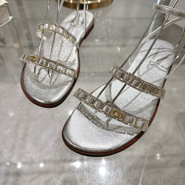 FLAT SANDALS 25S IN SILVER CALFSKIN RHINESTONES STRAP