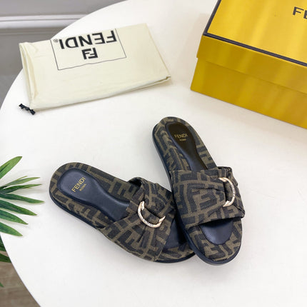FENDI FLAT SLIPPER IN CEDAR BROWN MIX BLACK MONOGRAM JACQUARD FABRIC WITH GOLD HARDWARE