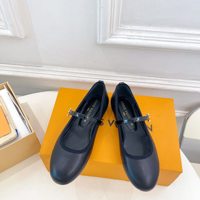 LV WOMEN ROMY FLAT BALLERINA IN BLACK METALLIC LAMBSKIN