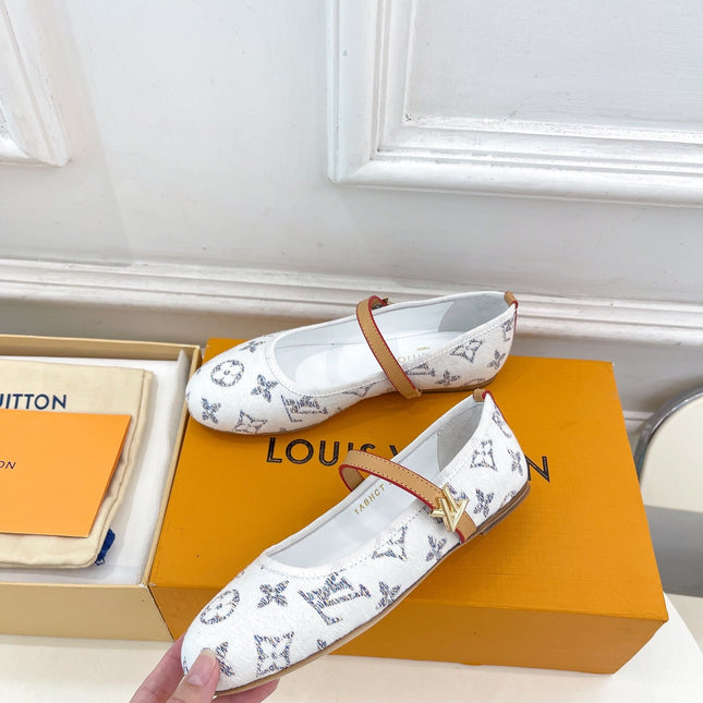 LV WOMEN ROMY FLAT BALLERINA IN WHITE MONOGRAM JACQUARD