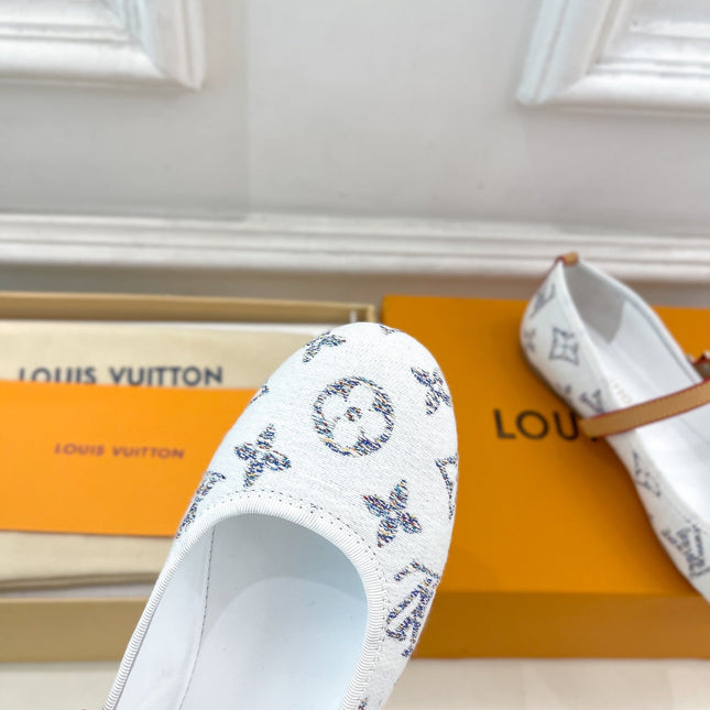 LV WOMEN ROMY FLAT BALLERINA IN WHITE MONOGRAM JACQUARD