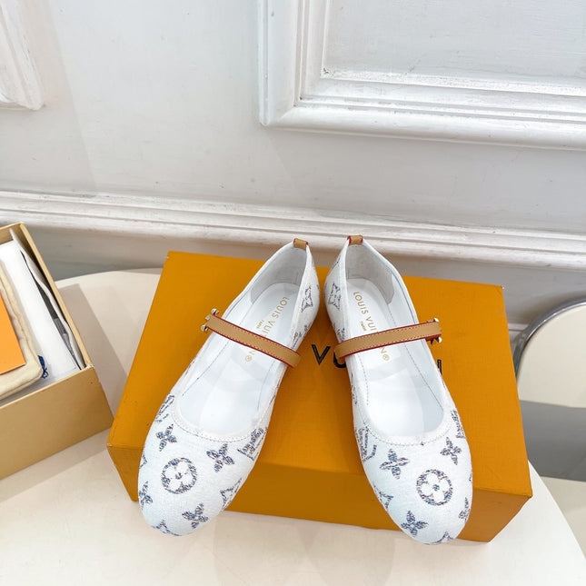 LV WOMEN ROMY FLAT BALLERINA IN WHITE MONOGRAM JACQUARD