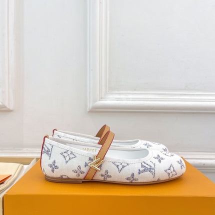 LV WOMEN ROMY FLAT BALLERINA IN WHITE MONOGRAM JACQUARD