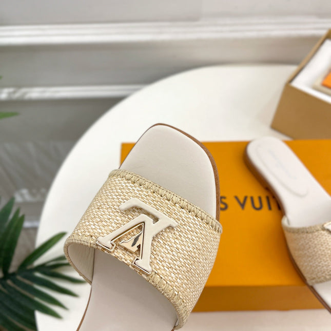 LV WOMEN CAPRI FLAT MULES IN BEIGE LEATHER AND RAFFIA