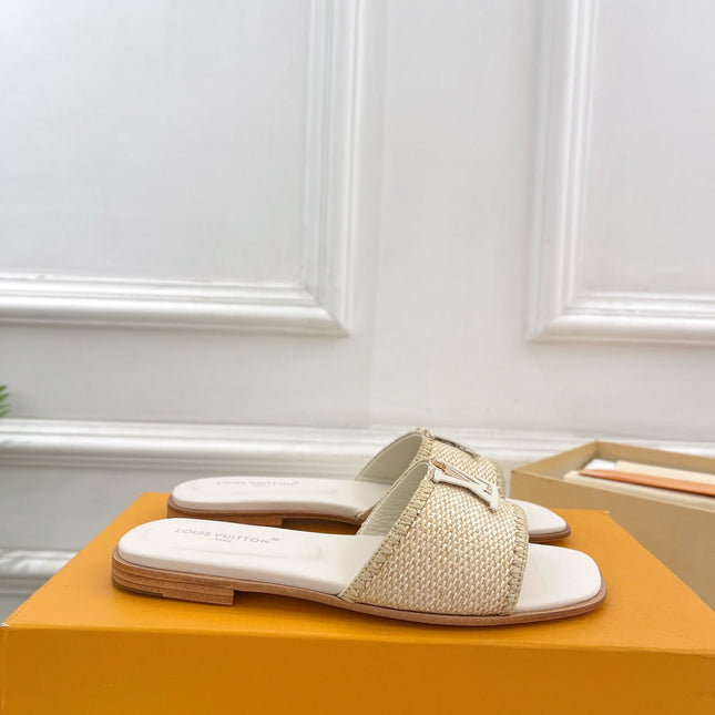LV WOMEN CAPRI FLAT MULES IN BEIGE LEATHER AND RAFFIA